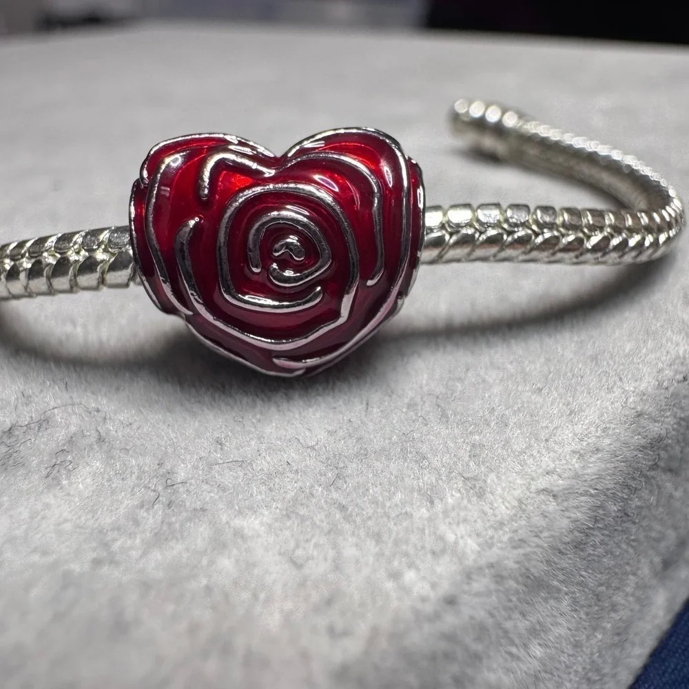 Heart Rose Charm Bead Red Enamel Silver Tone fits Pandora - Picture 7 of 11